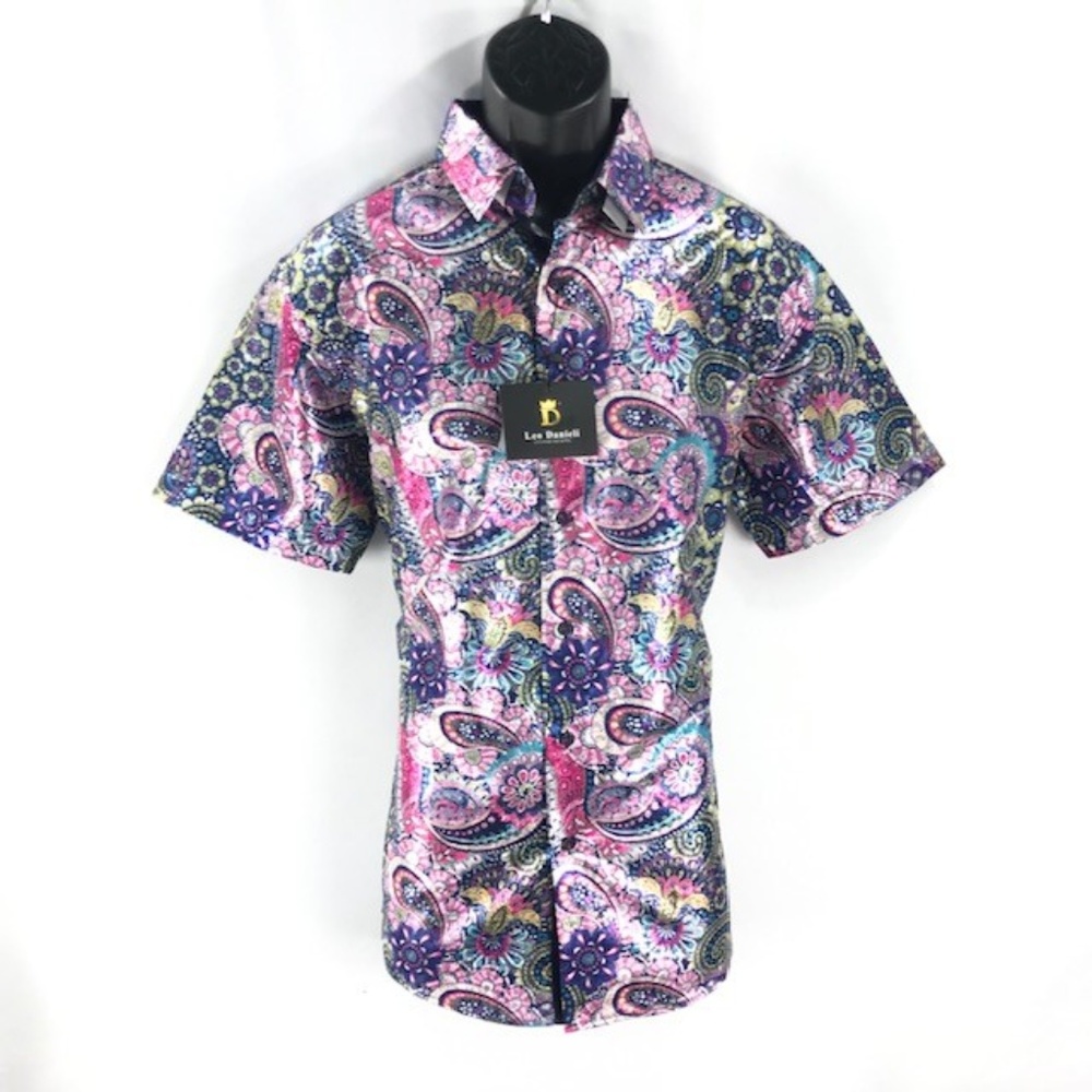 Leo Danieli Men's Pink Blue Sage Green Silver Button Down Shirt Paisley Print